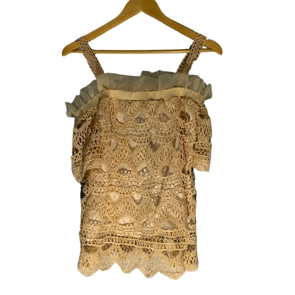 INA Top Womens Small Beige Crochet Lace Lined Off-Shoulder Strap Boho Cottage